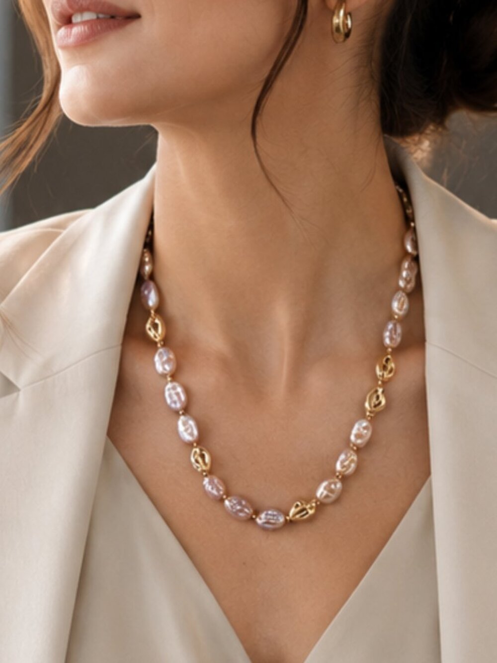 Pink Lavender Baroque Pearl Necklace Gold Statement Jewelry
